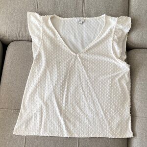 White J. Crew Swiss Dot J. Crew Fluttersleeve Top, size L.